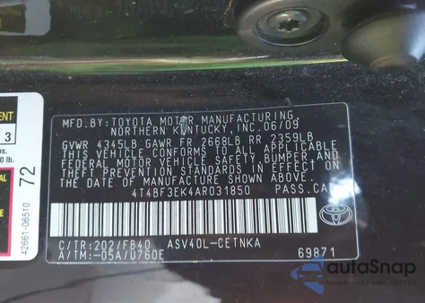 2010 Toyota Camry Le из США, поврежденный, VIN 4T4BF3EK4AR031850